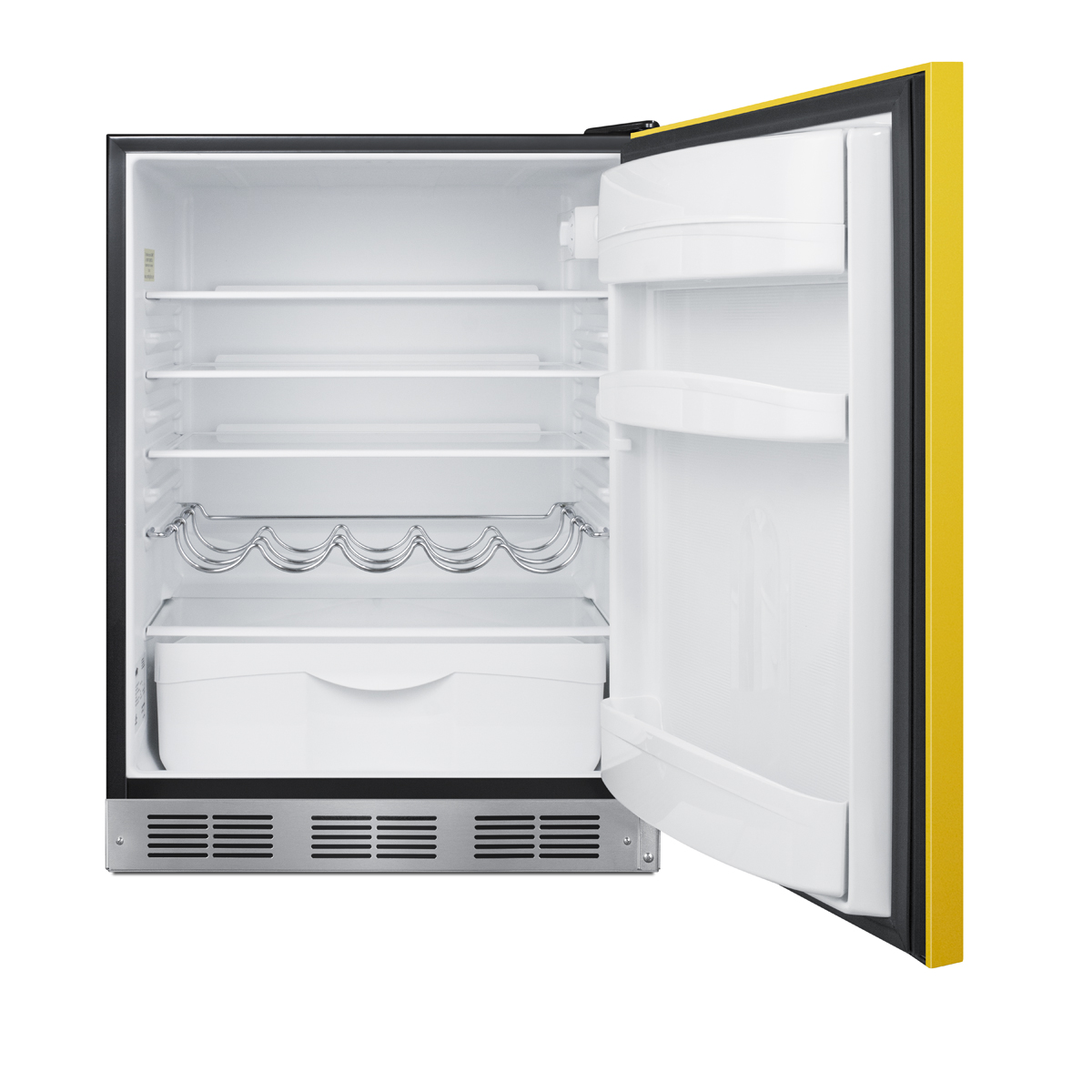 24 in. wide ADA height all-refrigerator for residential use, auto defrost with a saffron gold door, stainless steel handle, and black cabinet